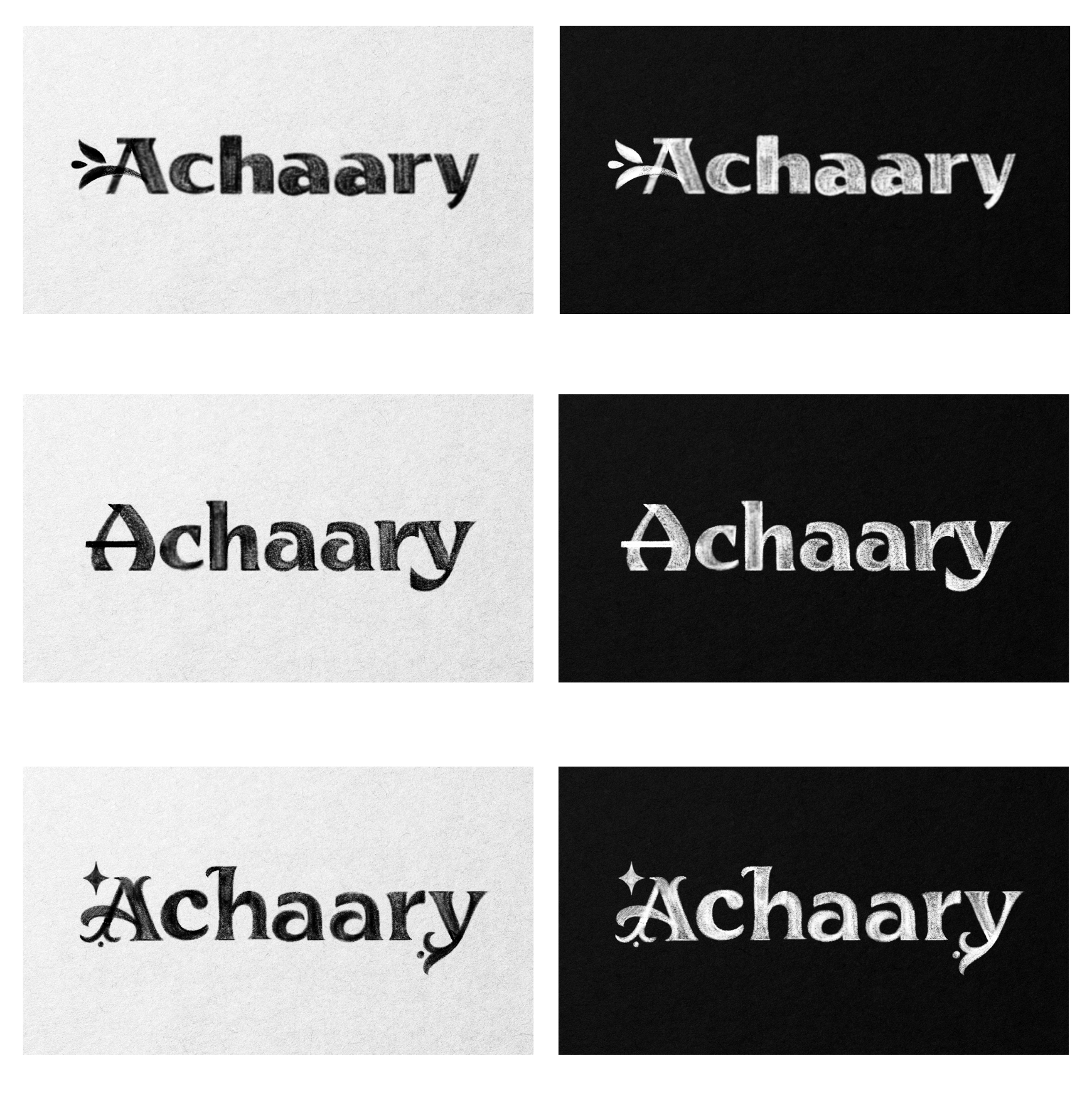 Achaary wordmark concept explorations in positive and reverse