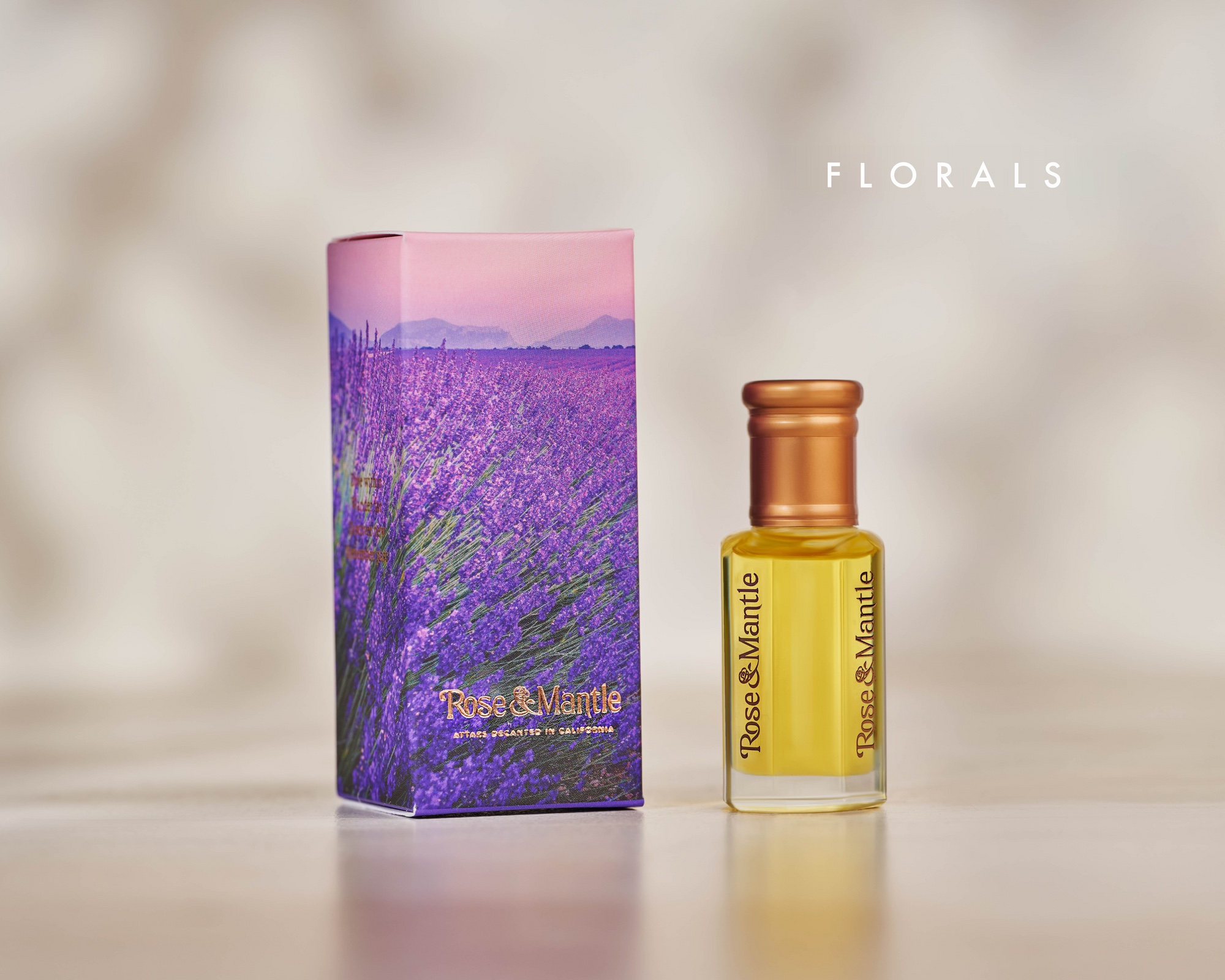 Rose & Mantle Florals packaging and bottle